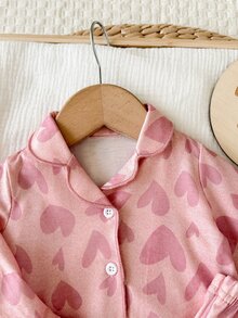 SHEIN 新生女嬰可愛休閒針織拼色長袖居家服套裝 - 藕粉色 - 查看 4