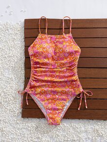 SHEIN Swim 可爱少女休闲度假青年随意碎花印花系带露背修身连体泳衣，适合海滩 - 彩色 - 查看 8