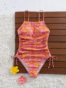 SHEIN Swim 可爱少女休闲度假青年随意碎花印花系带露背修身连体泳衣，适合海滩 - 彩色 - 查看 9
