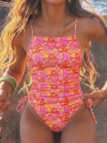 SHEIN Swim 可爱少女休闲度假青年随意碎花印花系带露背修身连体泳衣，适合海滩 - 彩色 - 查看 5