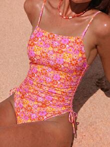 SHEIN Swim 可爱少女休闲度假青年随意碎花印花系带露背修身连体泳衣，适合海滩 - 彩色 - 查看 4
