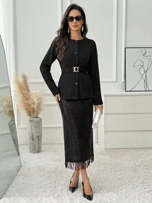 Medorina Blazer Wanita Minimalis Elegan dengan Kancing, Lengan Panjang, dan Saku - Hitam - View 6