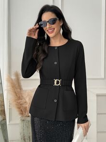Medorina Blazer Wanita Minimalis Elegan dengan Kancing, Lengan Panjang, dan Saku - Hitam - View 1