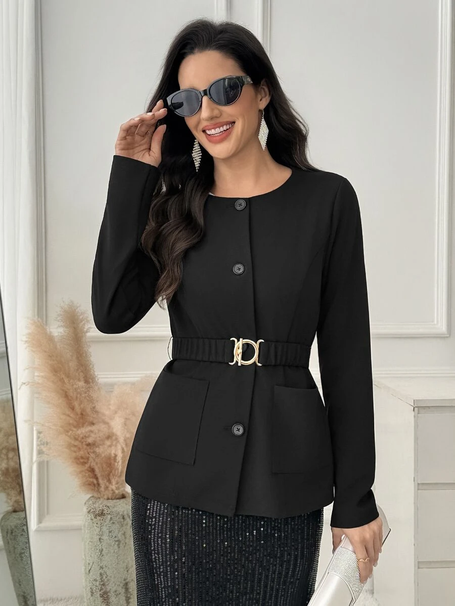 Medorina Blazer Wanita Minimalis Elegan dengan Kancing, Lengan Panjang, dan Saku - Hitam - View 1