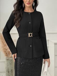 Medorina Blazer Wanita Minimalis Elegan dengan Kancing, Lengan Panjang, dan Saku - Hitam - View 7