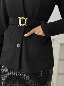 Medorina Blazer Wanita Minimalis Elegan dengan Kancing, Lengan Panjang, dan Saku - Hitam - View 5