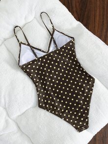 SHEIN Swim 女款度假海灘休閒拼接復古棕色格紋印花V領＋荷葉邊細肩帶開背連身泳衣，前綁帶設計，適合運動與海灘，春假與夏季度假季節。2026泳裝。法式風格泳衣。歐式夏季泳衣。夏季穿搭 - 彩色 - 查看 2