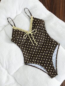 SHEIN Swim 女款度假海灘休閒拼接復古棕色格紋印花V領＋荷葉邊細肩帶開背連身泳衣，前綁帶設計，適合運動與海灘，春假與夏季度假季節。2026泳裝。法式風格泳衣。歐式夏季泳衣。夏季穿搭 - 彩色 - 查看 7