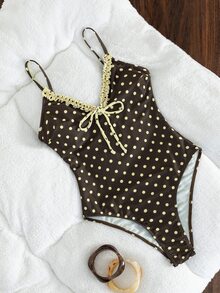 SHEIN Swim 女款度假海灘休閒拼接復古棕色格紋印花V領＋荷葉邊細肩帶開背連身泳衣，前綁帶設計，適合運動與海灘，春假與夏季度假季節。2026泳裝。法式風格泳衣。歐式夏季泳衣。夏季穿搭 - 彩色 - 查看 8