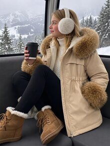 SHEIN 青少年女孩冬季外套 米色保守圖案款 學生上學穿著 - 卡其色 - 查看 7