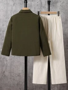 SHEIN 2件組兒童青少年男孩休閒學院風百搭日常印花立領鈕扣開襟寬鬆長袖綠色襯衫直筒白色長褲套裝，適合通勤、上學、日常休閒外出、運動、春夏秋冬、開學季、婚禮季、生日派對 - 綠色 - 查看 4