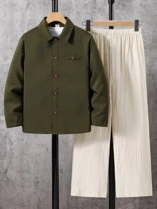 SHEIN 2件組兒童青少年男孩休閒學院風百搭日常印花立領鈕扣開襟寬鬆長袖綠色襯衫直筒白色長褲套裝，適合通勤、上學、日常休閒外出、運動、春夏秋冬、開學季、婚禮季、生日派對 - 綠色 - 查看 7