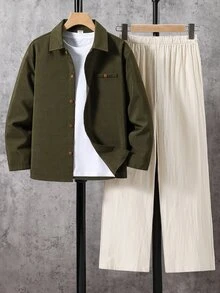SHEIN 2件組兒童青少年男孩休閒學院風百搭日常印花立領鈕扣開襟寬鬆長袖綠色襯衫直筒白色長褲套裝，適合通勤、上學、日常休閒外出、運動、春夏秋冬、開學季、婚禮季、生日派對 - 綠色 - 查看 3