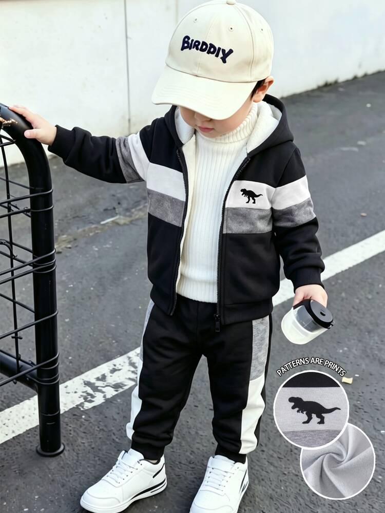 2pcs Young Boys Sets Casual Black Gray Dinosaur Print Colorblock Fleece Lined Zip Hooded Long Sleeve Fall Back To School Outfits,1 Random Pcs - Multicolor - View 1