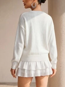 Structelle Sweater Rajut Renda Berhiaskan Berlian Imitasi dengan Leher V, Model Pullover, Cocok untuk Pesta Teh/Brunch Musim Gugur/Musim Dingin, Warna Putih, Romantis, dan Elegan. - Putih - View 2