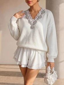 Structelle Sweater Rajut Renda Berhiaskan Berlian Imitasi dengan Leher V, Model Pullover, Cocok untuk Pesta Teh/Brunch Musim Gugur/Musim Dingin, Warna Putih, Romantis, dan Elegan. - Putih - View 3
