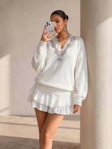 Structelle Sweater Rajut Renda Berhiaskan Berlian Imitasi dengan Leher V, Model Pullover, Cocok untuk Pesta Teh/Brunch Musim Gugur/Musim Dingin, Warna Putih, Romantis, dan Elegan. - Putih - View 5