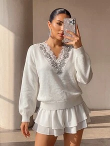Structelle Sweater Rajut Renda Berhiaskan Berlian Imitasi dengan Leher V, Model Pullover, Cocok untuk Pesta Teh/Brunch Musim Gugur/Musim Dingin, Warna Putih, Romantis, dan Elegan. - Putih - View 1