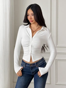 SHEIN PETITE Atasan Rajut Slim-Fit Putih untuk Wanita Bertubuh Mungil dengan Kerah Berkerut dan Detail Kancing - Putih - View 11