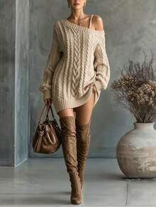 SHEIN Gaun Sweater Rajut Kabel Model Santai Musim Gugur/Musim Dingin Terbaru, Lengan Panjang, Leher Asimetris untuk Wanita - Aprikot - View 8