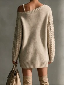 SHEIN Gaun Sweater Rajut Kabel Model Santai Musim Gugur/Musim Dingin Terbaru, Lengan Panjang, Leher Asimetris untuk Wanita - Aprikot - View 2