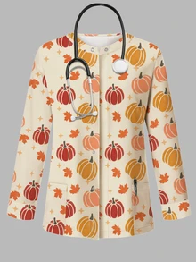 PopScrub Halloween Pumpkin & Maple Leaf Cartoon Print Scrub Jacket, Spring/Summer Fashion With Ear Loop Design Women Nurse Uniform Top, Uniform Jacket, Fruit & Vegetable Plant Pattern Light Yellow Top - Multicolor - View 5