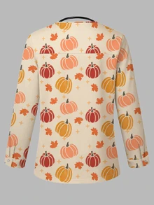 PopScrub Halloween Pumpkin & Maple Leaf Cartoon Print Scrub Jacket, Spring/Summer Fashion With Ear Loop Design Women Nurse Uniform Top, Uniform Jacket, Fruit & Vegetable Plant Pattern Light Yellow Top - Multicolor - View 2