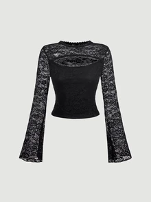 SHEIN MOD تي شيرت دانتيل أسود شبه شفاف بأكمام جرس وفتحة رقبة مقطوعة - الأسود - مشاهدة 5