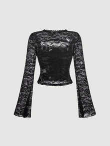 SHEIN MOD تي شيرت دانتيل أسود شبه شفاف بأكمام جرس وفتحة رقبة مقطوعة - الأسود - مشاهدة 3