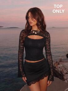 SHEIN MOD تي شيرت دانتيل أسود شبه شفاف بأكمام جرس وفتحة رقبة مقطوعة - الأسود - مشاهدة 6