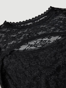 SHEIN MOD تي شيرت دانتيل أسود شبه شفاف بأكمام جرس وفتحة رقبة مقطوعة - الأسود - مشاهدة 8