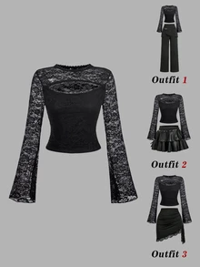 SHEIN MOD تي شيرت دانتيل أسود شبه شفاف بأكمام جرس وفتحة رقبة مقطوعة - الأسود - مشاهدة 1