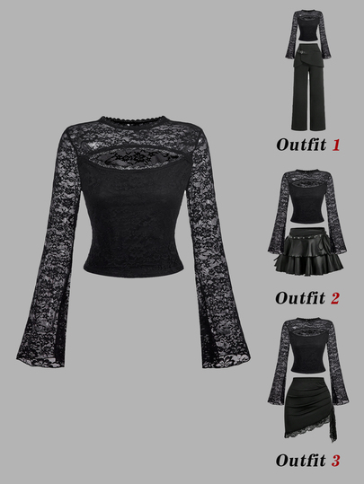 SHEIN MOD Black Lace Semi-Sheer T-Shirt With Bell Sleeves And Cutout Neckline