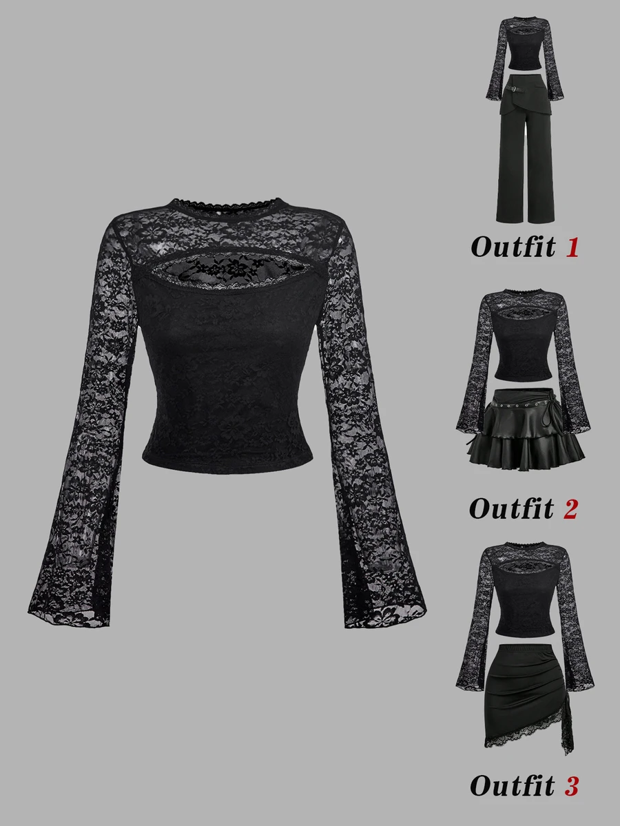 SHEIN MOD تي شيرت دانتيل أسود شبه شفاف بأكمام جرس وفتحة رقبة مقطوعة - الأسود - مشاهدة 1
