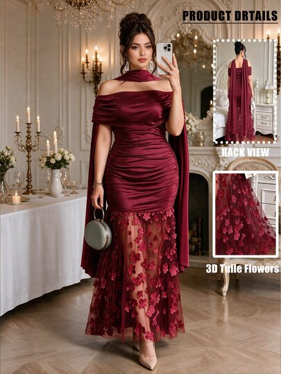 Roveilla Plus Size Women's Cold Shoulder Elegant 1920s Waist-Cinching Skirt 3D Floral Mesh Long Dress Party Formal Summer Date Wedding Burgundy Christmas