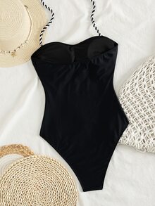 SHEIN Swim 女士连体泳衣 - 简约、优雅、休闲，适合夏季户外海滩穿着。基础款，百搭，纯色拼接，扭绳系带露背设计：显瘦塑形，适合海滩度假、泳池派对、春假等场合。 - 黑色 - 查看 3