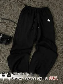 SHEIN CURVE+ Autumn/Winter Black & White Striped Casual Versatile Drawstring Plus Size Pants, 2026 22W Fall - Black - View 1