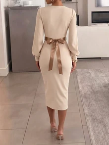 SHEIN Elegant Commuter Slim Fit Belted Dress - Apricot - View 2