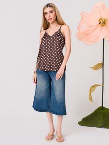 PRISCILA ESCOTO PRISCILA ESCOTO 女士优雅咖啡色波点缎面吊带背心，蕾丝吊带背心，春夏外出、聚会和度假的时尚上衣 - 咖啡棕 - 查看 3