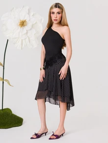 PRISCILA ESCOTO PRISCILA ESCOTO 女款黑色夏季優雅夜出蕾絲拼接扭結單肩上衣，不對稱蕾絲飾邊抓皺無袖Y2K露背短版背心上衣 - 黑色 - 查看 4