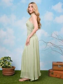 PRISCILA ESCOTO PRISCILA ESCOTO 女士夏季圆领串珠链条褶皱腰部闪亮派对优雅度假连衣裙 - 綠色 - 查看 5