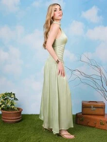 PRISCILA ESCOTO PRISCILA ESCOTO 女士夏季圆领串珠链条褶皱腰部闪亮派对优雅度假连衣裙 - 綠色 - 查看 4