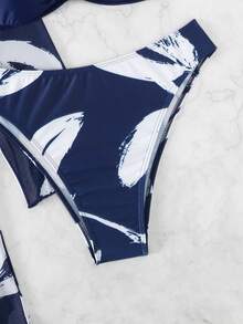 Swim Lushoire 3pcs Plant Print Push Up Bandeau Bikini Set,Summer Beach - Blue and White - View 4