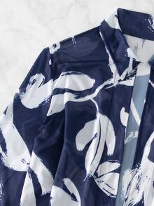Swim Lushoire 3pcs Plant Print Push Up Bandeau Bikini Set,Summer Beach - Blue and White - View 5