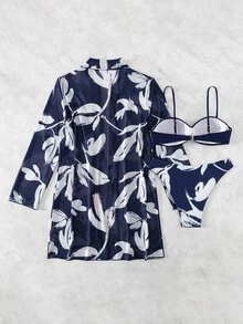 Swim Lushoire 3pcs Plant Print Push Up Bandeau Bikini Set,Summer Beach - Blue and White - View 3