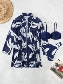Swim Lushoire 3pcs Plant Print Push Up Bandeau Bikini Set,Summer Beach - Blue and White - View 7