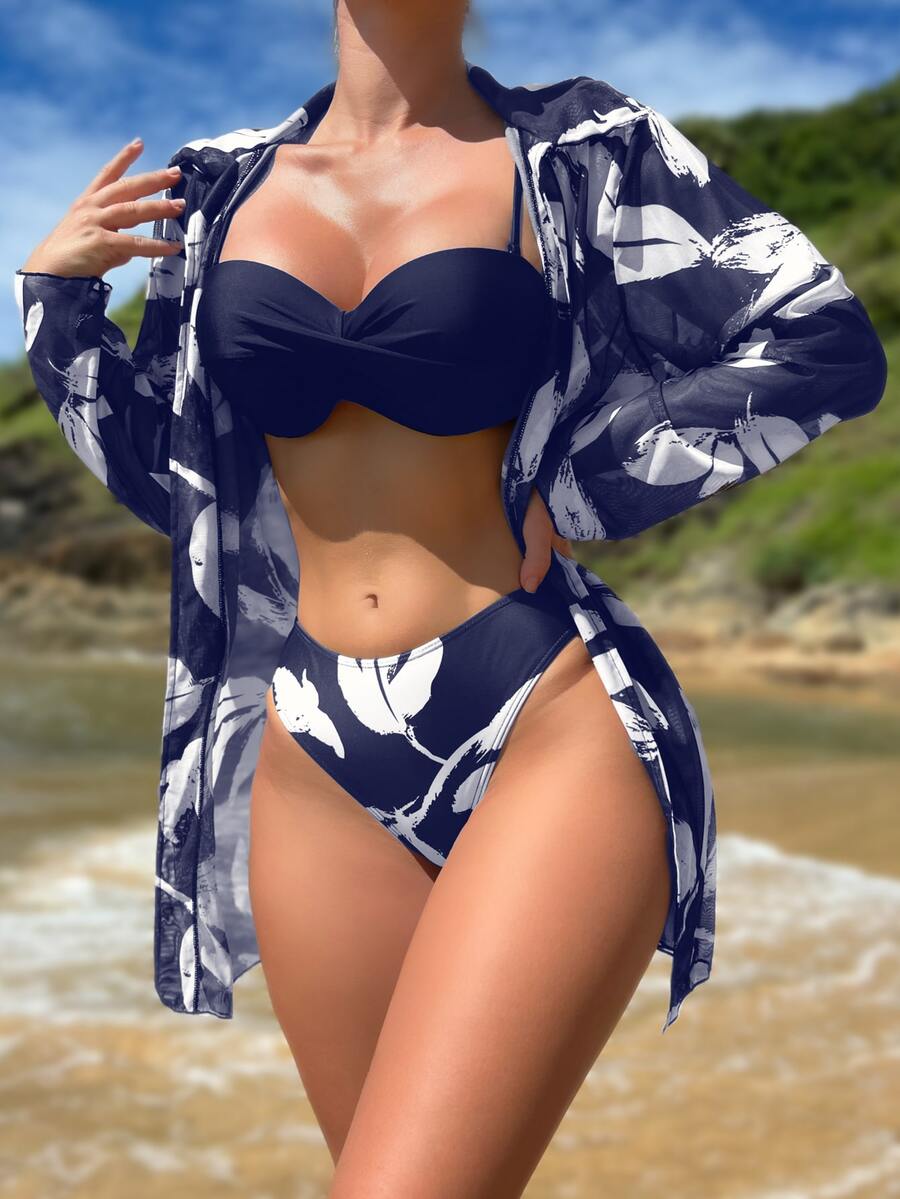 Swim Lushoire 3pcs Plant Print Push Up Bandeau Bikini Set,Summer Beach
