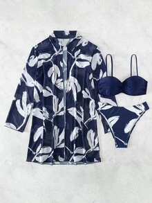 Swim Lushoire 3pcs Plant Print Push Up Bandeau Bikini Set,Summer Beach - Blue and White - View 6