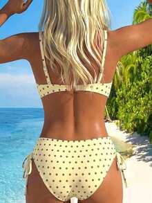 SHEIN Swim 女款夏季度假海灘性感黃色波點印花聚攏鋼圈細肩帶抓皺平胸比基尼上衣搭配高腰側抽繩比基尼泳褲套裝 - 彩色 - 查看 2