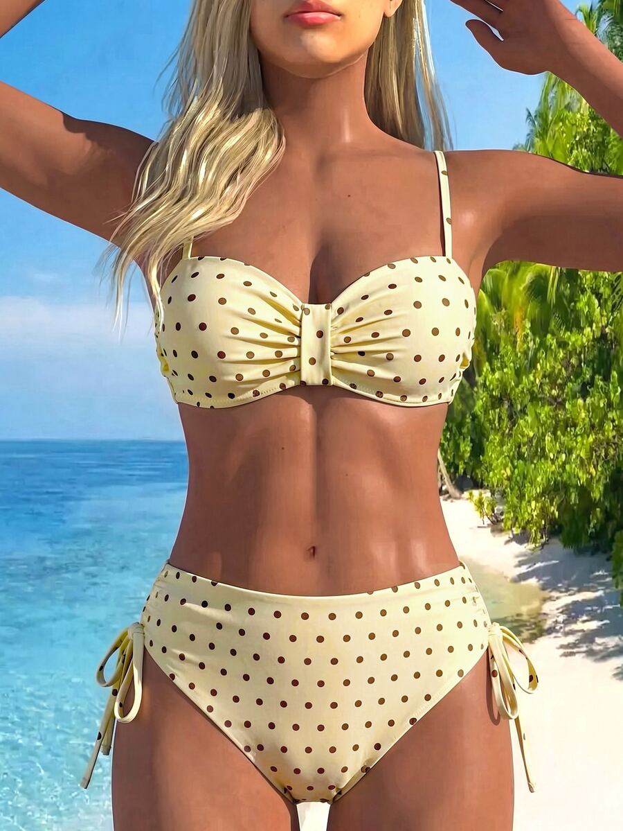 SHEIN Swim 女款夏季度假海灘性感黃色波點印花聚攏鋼圈細肩帶抓皺平胸比基尼上衣搭配高腰側抽繩比基尼泳褲套裝 - 彩色 - 查看 1